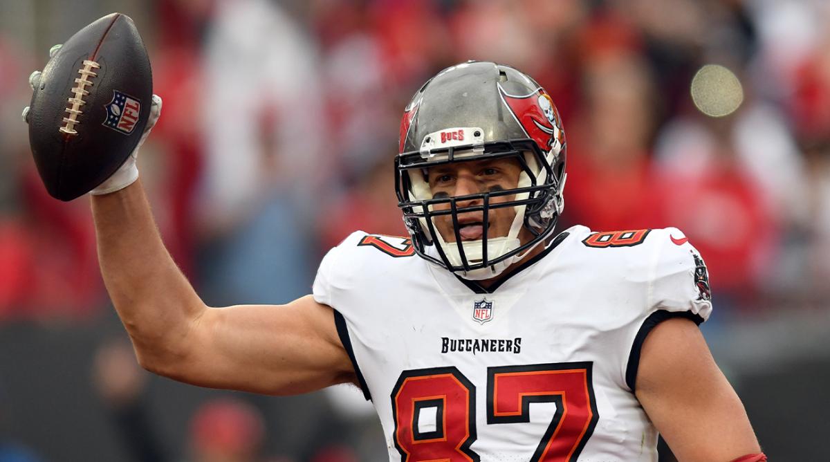 FILE - Tampa Bay Buccaneers tight end Rob Gronkowski (87) celebrates his touchdown against the Philadelphia Eagles during the second half of an NFL wild-card football game Sunday, Jan. 16, 2022, in Tampa, Fla. Four-time All-Pro tight end Rob Gronkowski announced his retirement again, Tuesday, June 21, 2022.